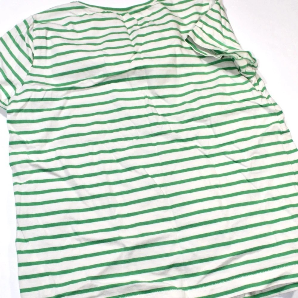 Mini Boden Girls Green & White Stripe Tee with Red Strawberry Appliqué